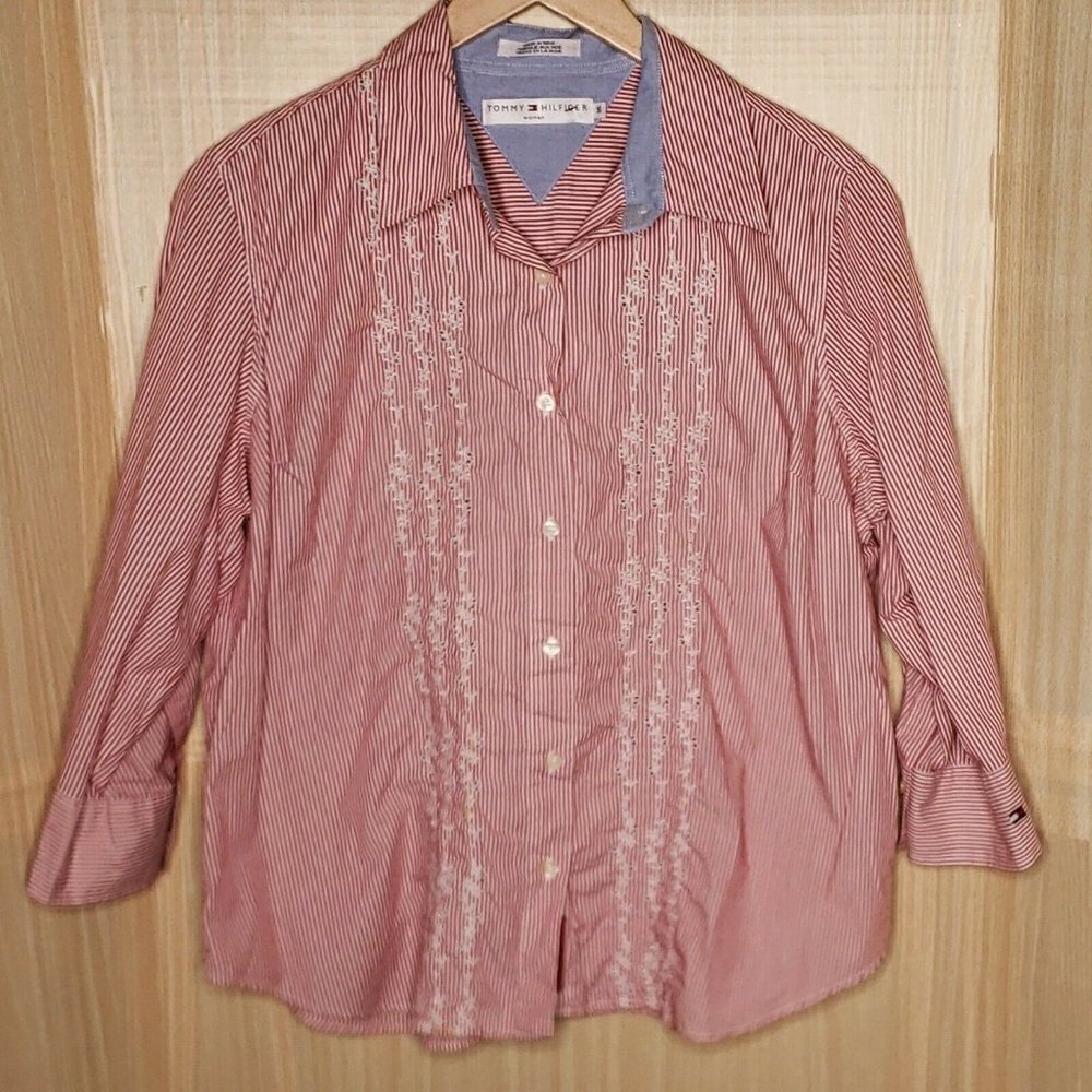 Tommy Hilfiger Womens Red White Stripe 3/4 Sleeve Button Down Eyelet Detail 16
